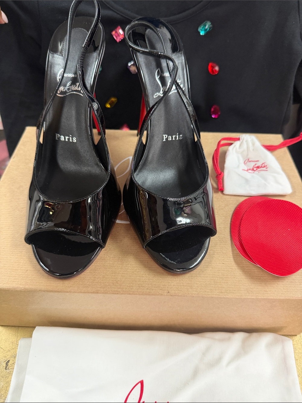 Christian Louboutin Black Patent Open-Toe Slingback Heels